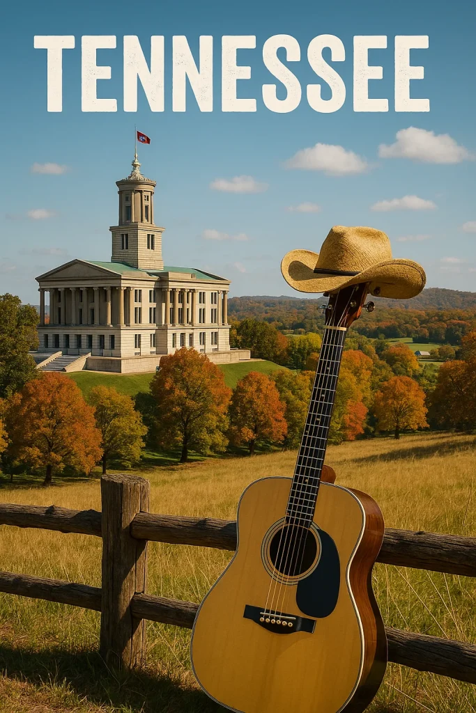 Tennessee State Capitol building with an acoustic guitar and cowboy hat in the foreground, symbolizing music, heritage, and Southern charm.