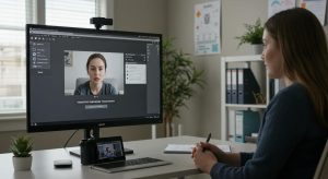 a focused telehealth consultation session in a modern, well-lit home office, featuring a large screen displaying a virtual therapist and a patient engaging in a structured discussion about starting suboxone treatment.
