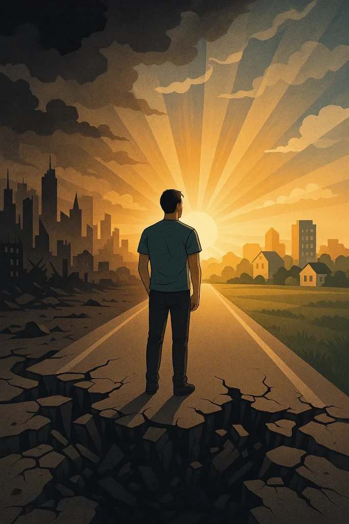 A symbolic image of a man standing at sunrise, moving from chaos to calm, representing addiction recovery and transformation