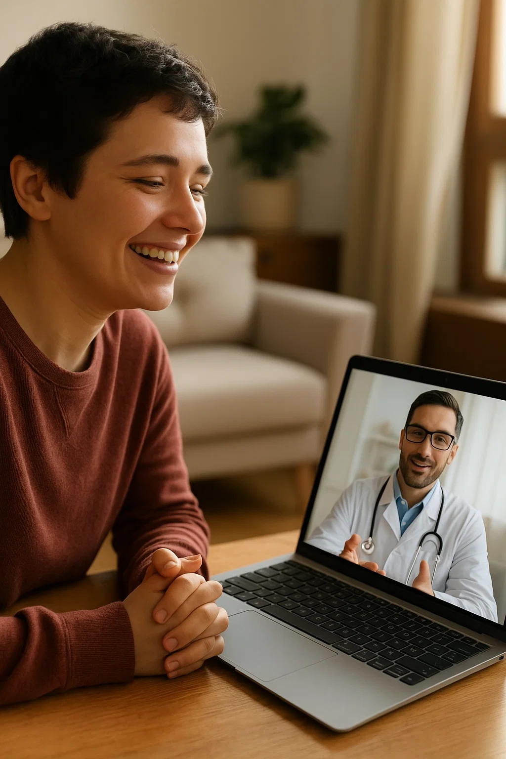 Person speaking with a doctor via telemedicine during Suboxone induction week, seated calmly in home environment