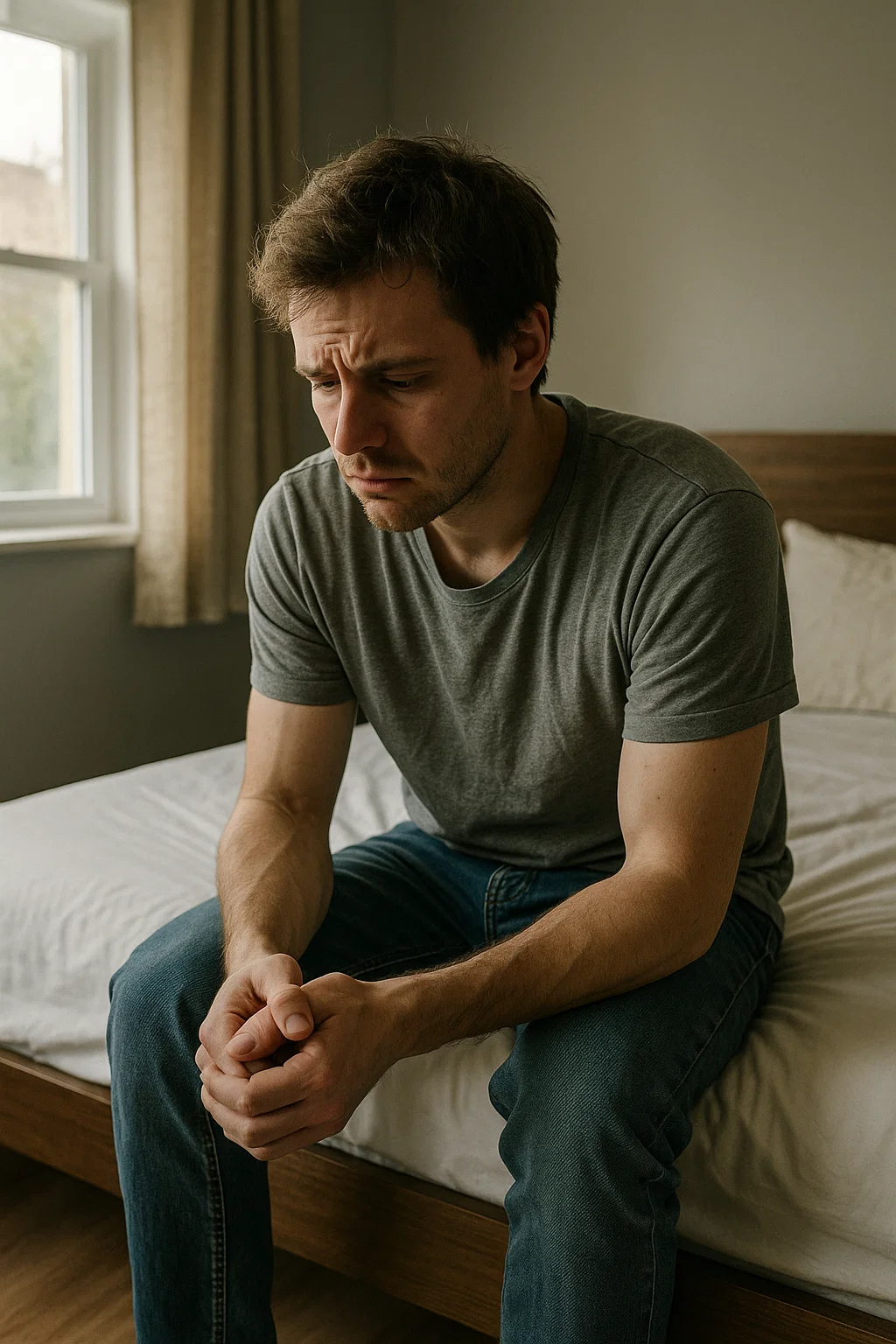 Anxious person checking symptoms before starting Suboxone, avoiding precipitated withdrawal through proper timing