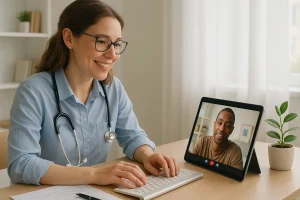 Compassionate telehealth provider speaking to low-income patient about sliding scale Suboxone treatment