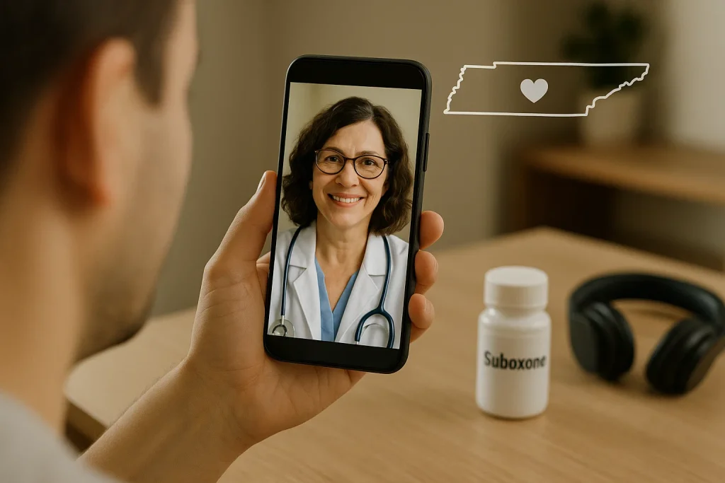 Virtual Suboxone consultation between a doctor and patient, representing online addiction treatment in Tennessee