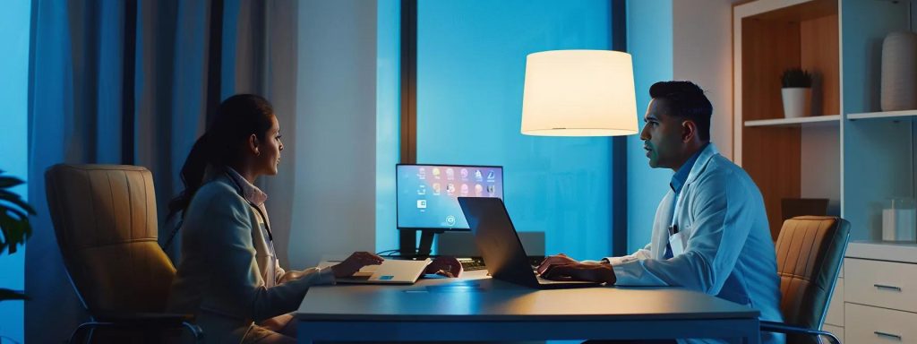 a focused and modern telemedicine addiction treatment consultation, featuring an online addiction doctor attentively discussing online addiction with a patient via a sleek laptop, illuminated by soft, ambient lighting to create a warm and inviting atmosphere.