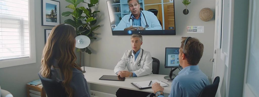 A professional therapist engages with a patient through a large monitor during an online addiction treatment session, surrounded by modern technology.