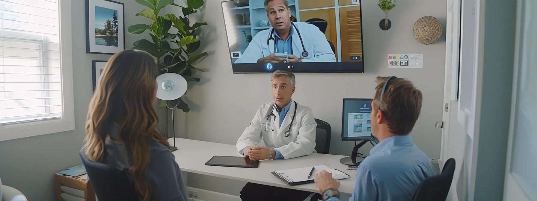 A professional therapist engages with a patient through a large monitor during an online addiction treatment session, surrounded by modern technology.