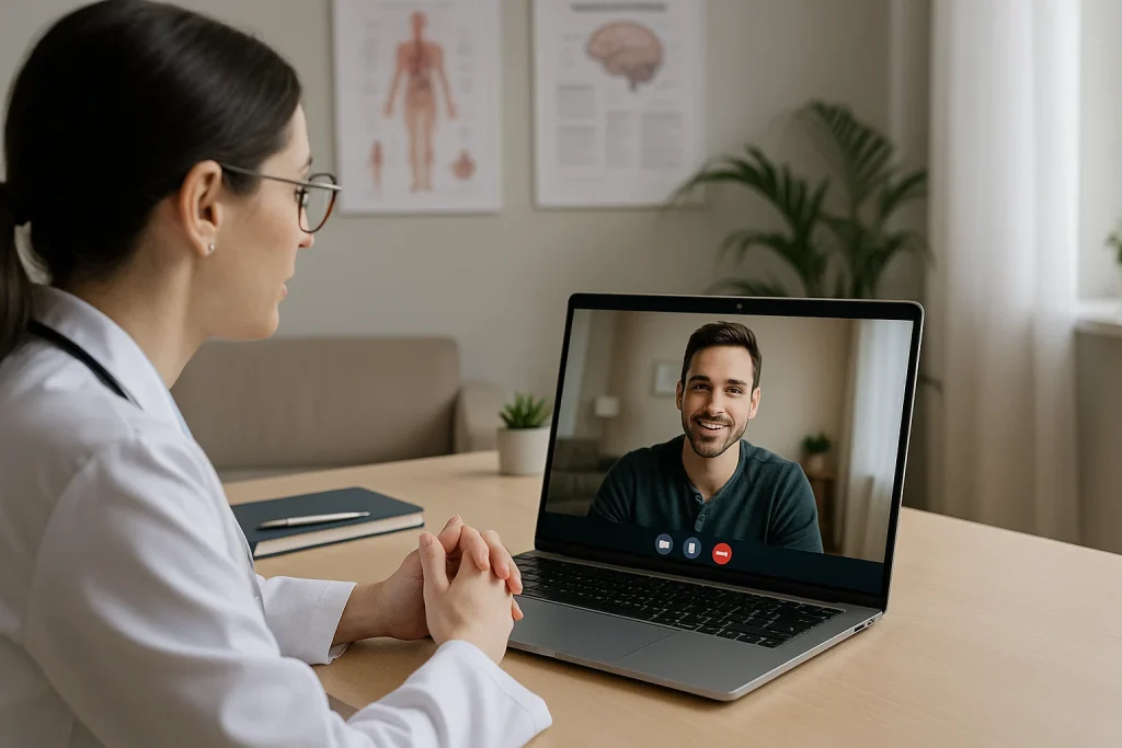 An addiction treatment provider talking to a patient on a laptop for a virtual addiction help telemedicine session