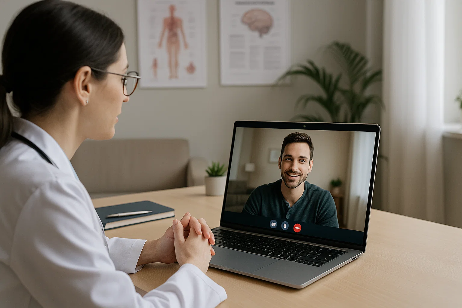 An addiction treatment provider talking to a patient on a laptop for a virtual addiction help telemedicine session
