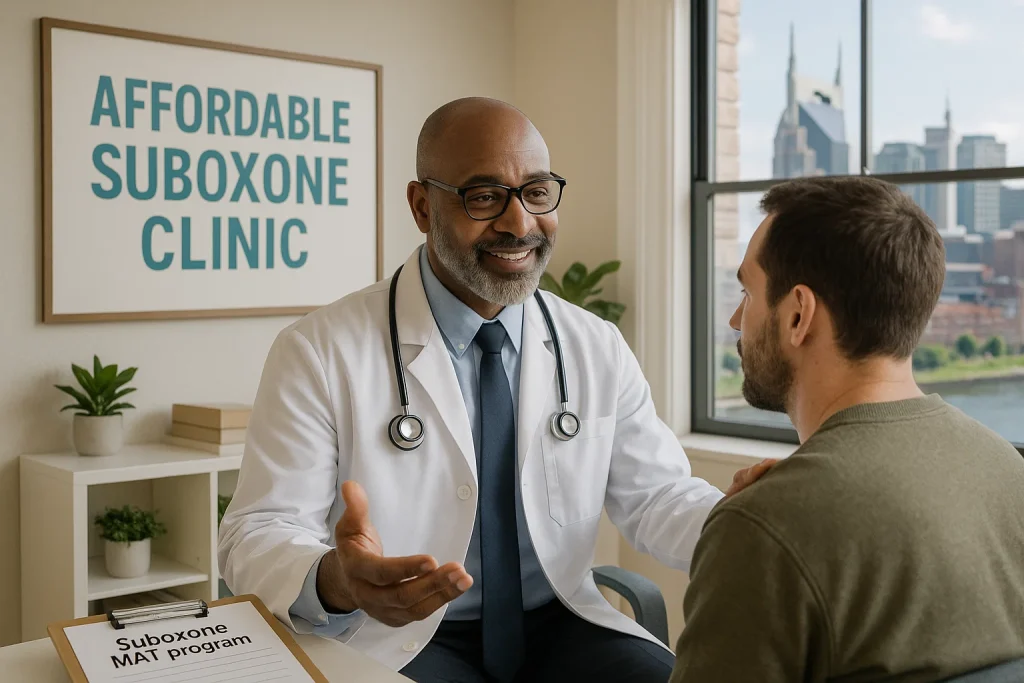 Young adult in a video call with a Suboxone doctor, representing affordable virtual addiction help in Tennessee.