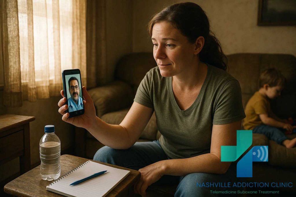 Woman in rural Tennessee using a smartphone for fast Suboxone help at home with child in the background