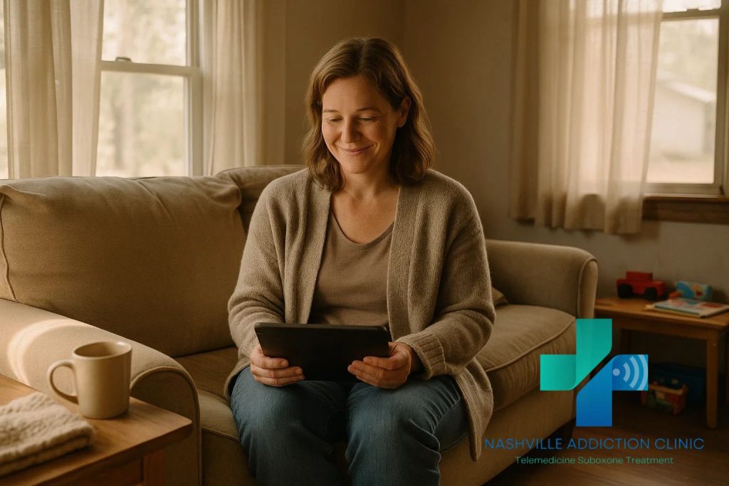 Person using a phone for affordable Suboxone telehealth treatment at home in Tennessee
