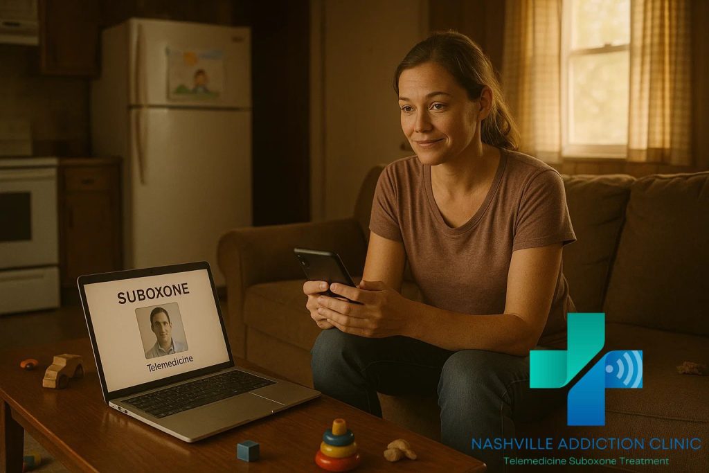 A woman on her couch in rural Tennessee using her cell phone for a Medicaid Suboxone telehealth appointment.