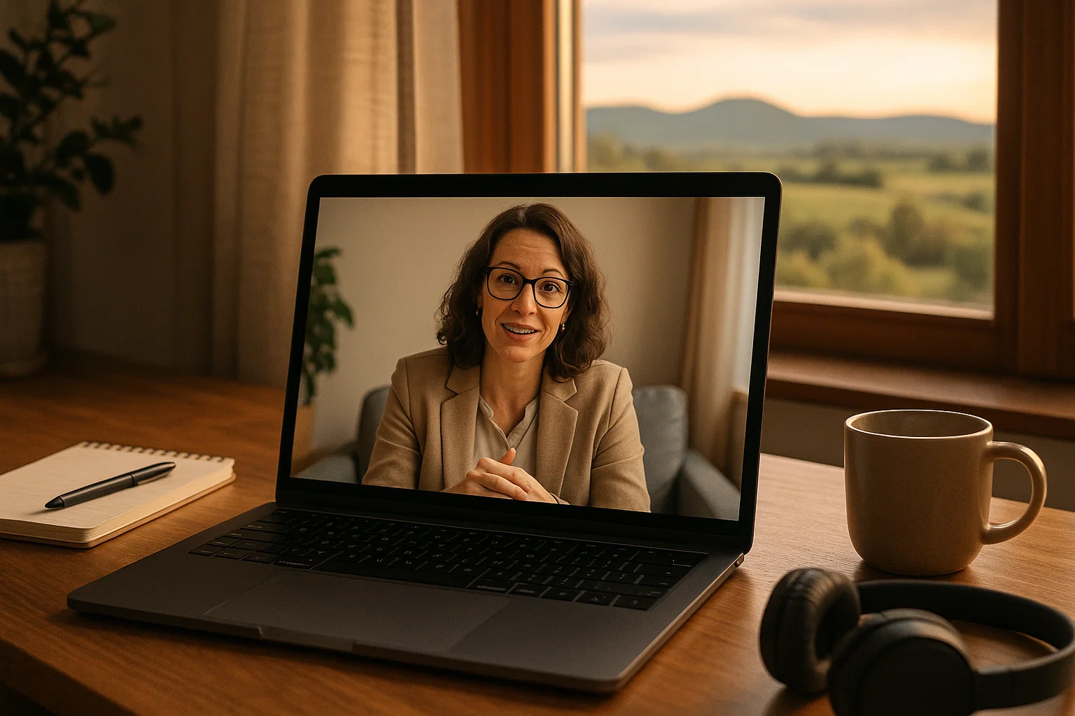 Virtual addiction counseling session on a laptop with Tennessee hills in the background