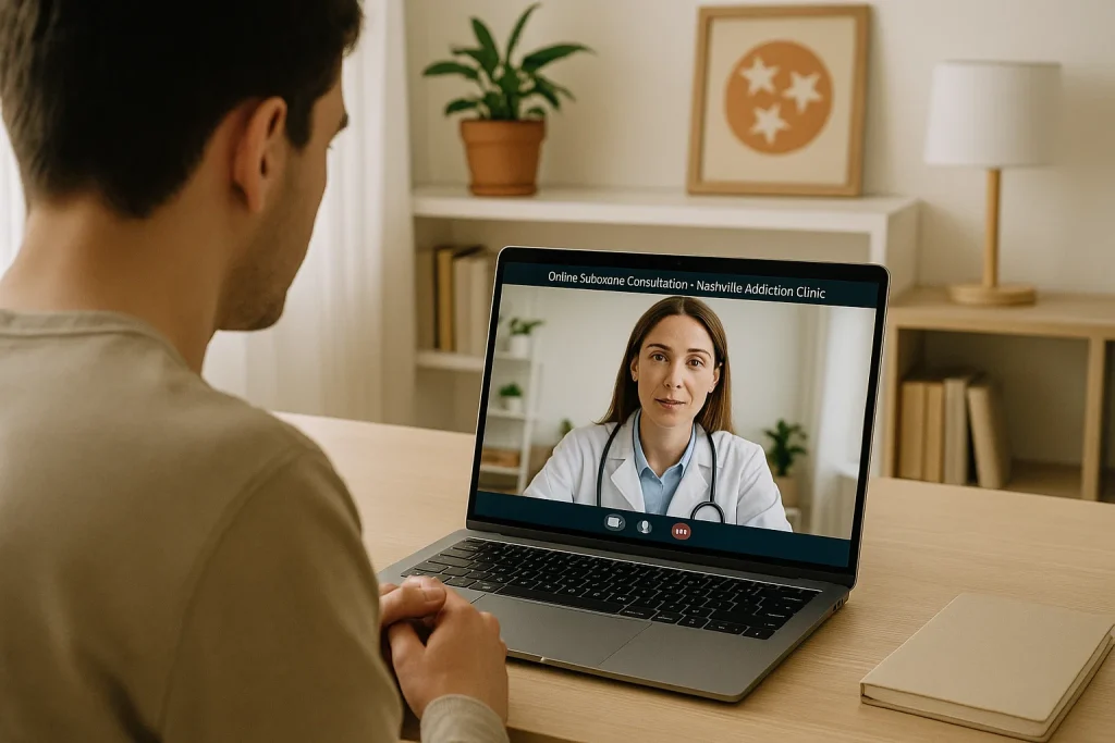 Female doctor on laptop screen providing an online Suboxone consultation to a young adult at home in Tennessee, symbolizing trusted and accessible telehealth care.