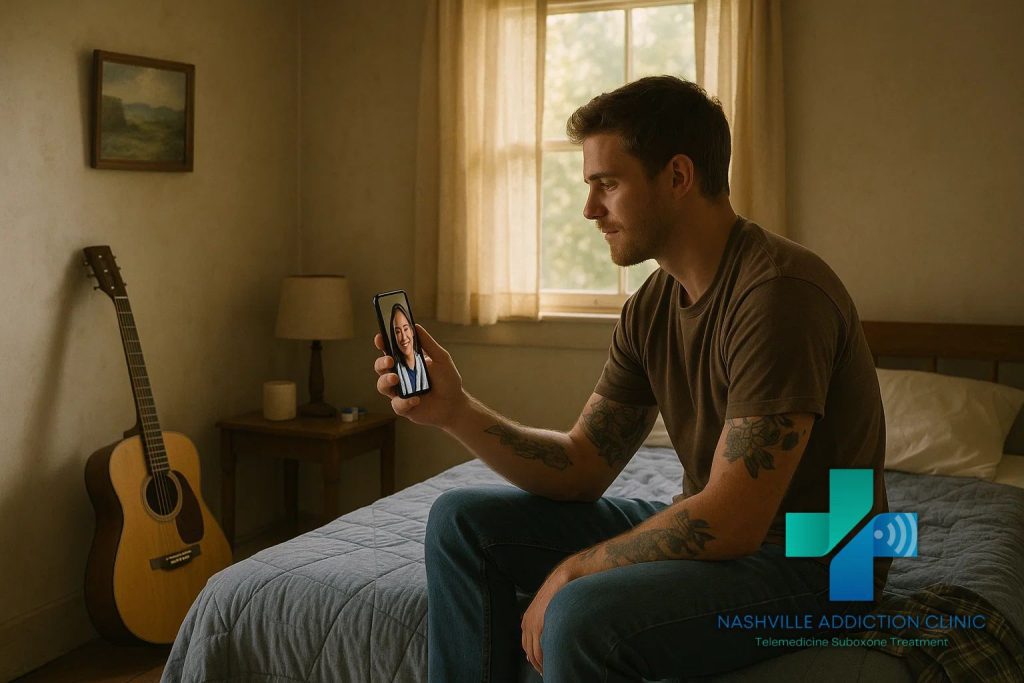 Young man with tattoos sitting in a bedroom using a laptop for same day Suboxone treatment near him.