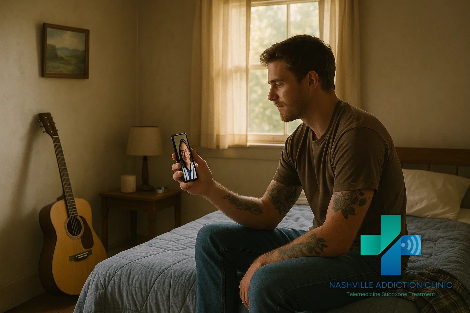 Young man with tattoos sitting in a bedroom using a laptop for same day Suboxone treatment near him.