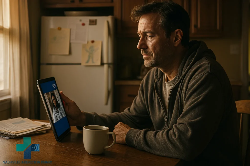 Man using a tablet to start MAT for opioid addiction to pain pills after back surgery with Nashville Addiction Clinic.