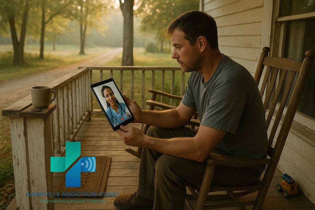 Young man taking a Suboxone assessment online at home using her tablet on his porch