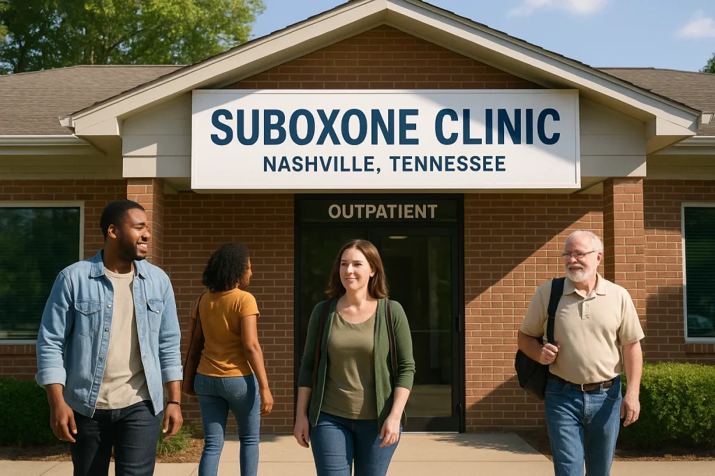 Exterior of a welcoming Suboxone clinic in Nashville with patients entering and leaving, representing accessible and compassionate opioid addiction recovery care.