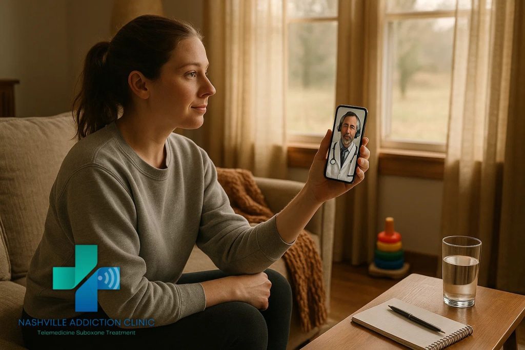 Young adult in Knoxville, TN on a telehealth video call for Suboxone treatment, sitting in a bright, peaceful home environment.