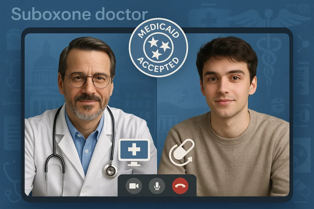 A telehealth suboxone doctor providing virtual opioid addiction care to a Medicaid patient in Tennessee.
