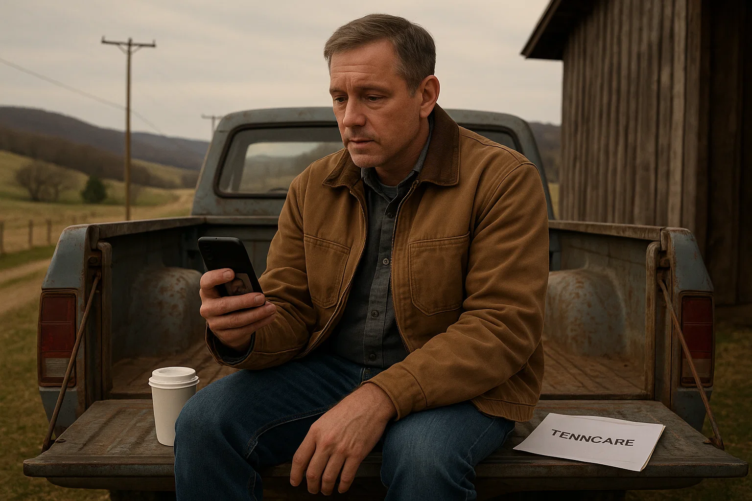 Rural Tennessee patient using telemedicine for Suboxone opioid addiction treatment while sitting on the tailgate of his pickup truck.