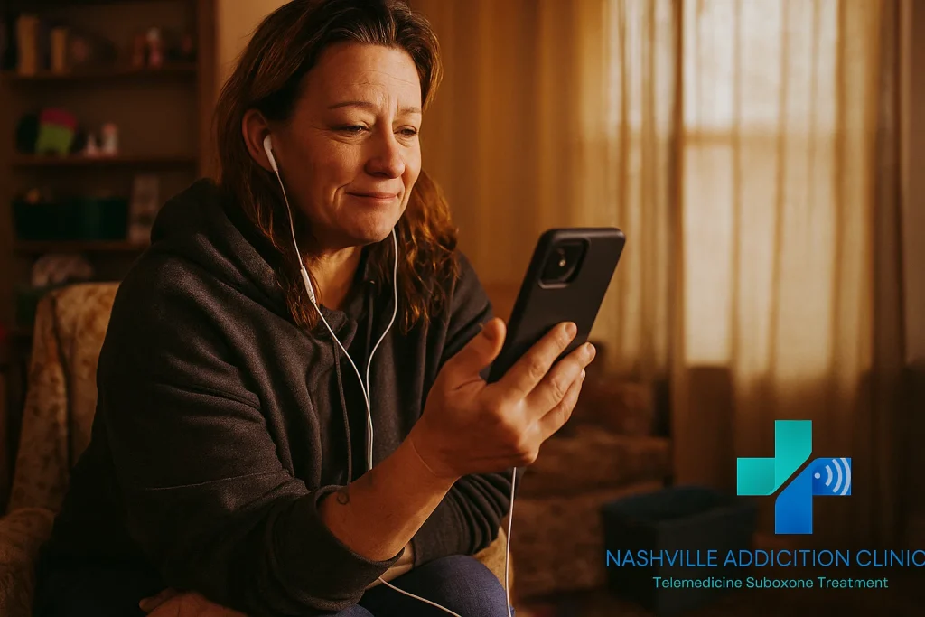 Person on a video call for Suboxone intake appointment from home, symbolizing online addiction recovery with Nashville Addiction Clinic.