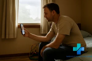 Man in rural Tennessee attending virtual Suboxone appointment on his phone at home