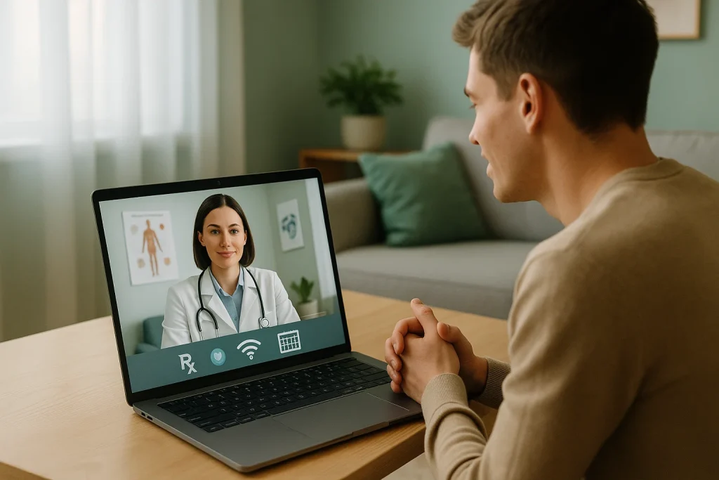 Rural Tennessee man attending a virtual addiction treatment session via telemedicine on a laptop at home