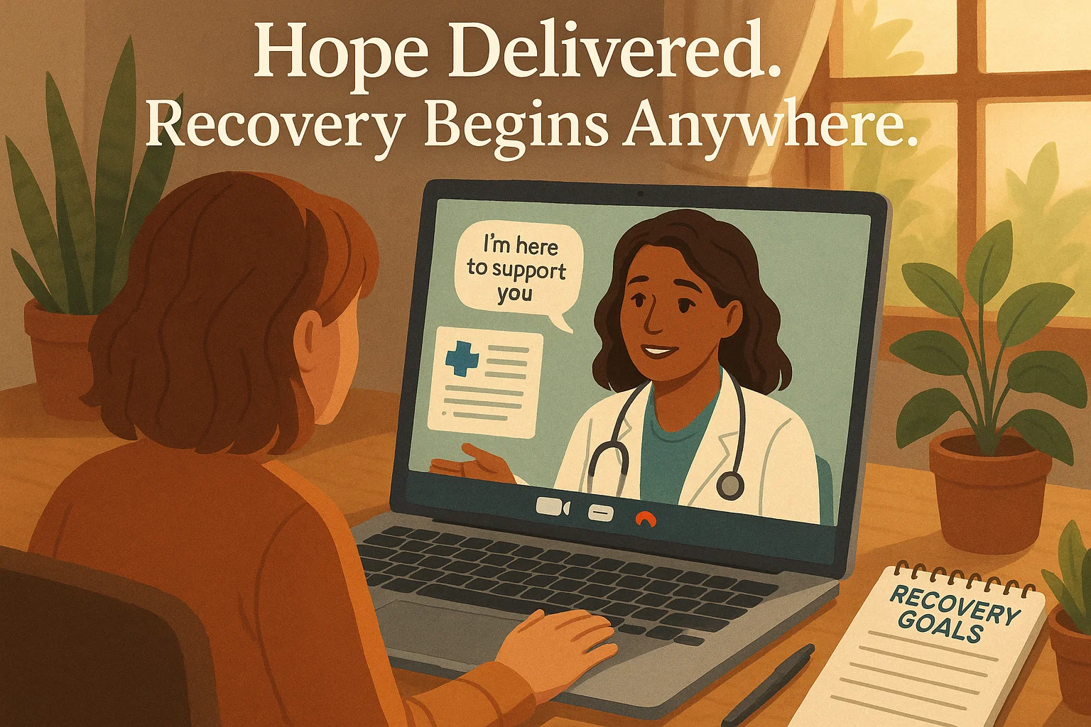 graphic illustration of a woamn using telemedicine for opioid addiction recovery in rural Tennessee