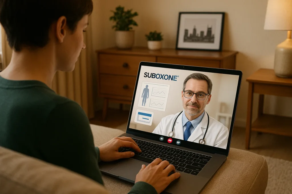 Patient attending a virtual Suboxone intake appointment from home via telemedicine with a licensed doctor.
