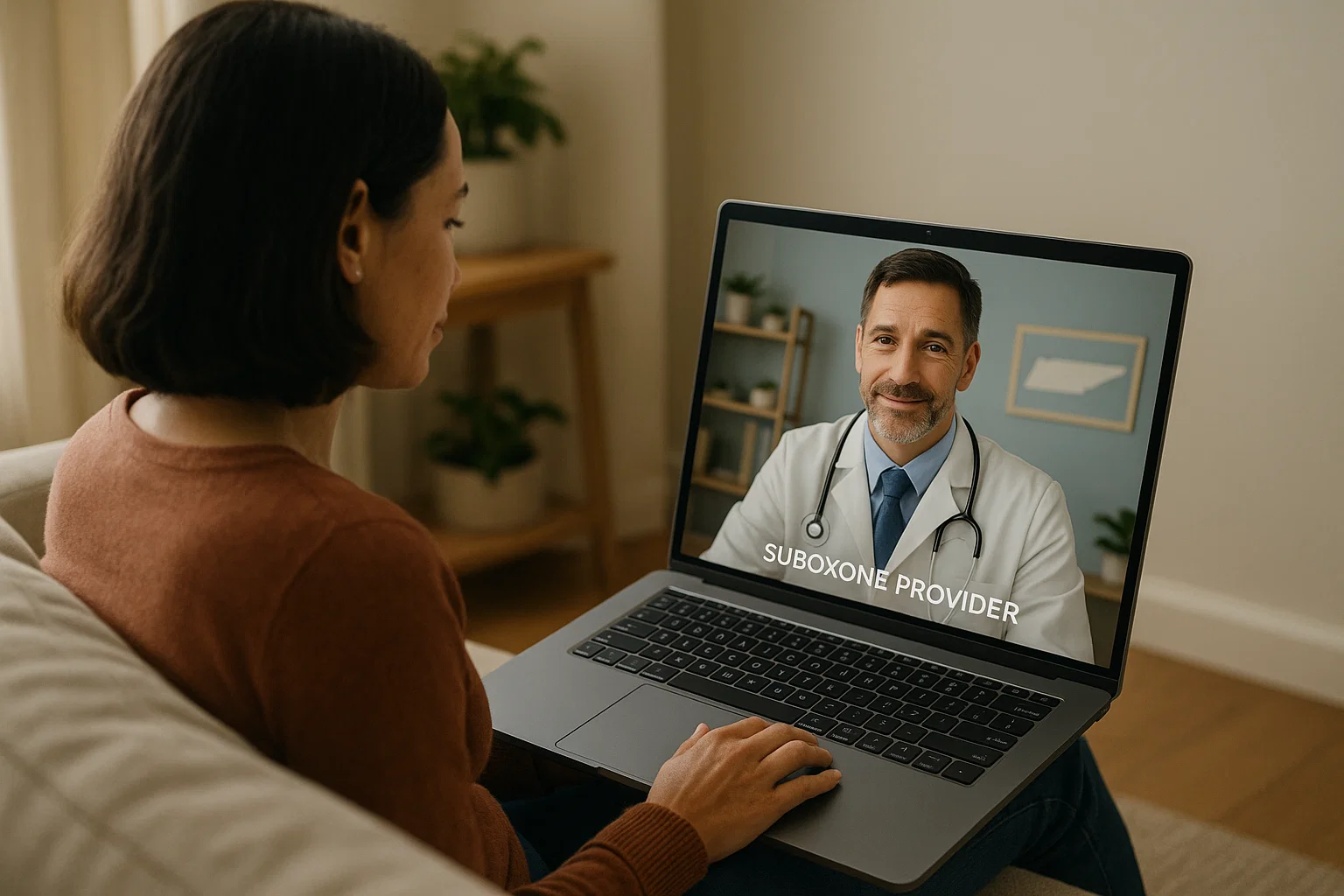 A young woman in Telemedicine Suboxone in Tennessee on her laptop.