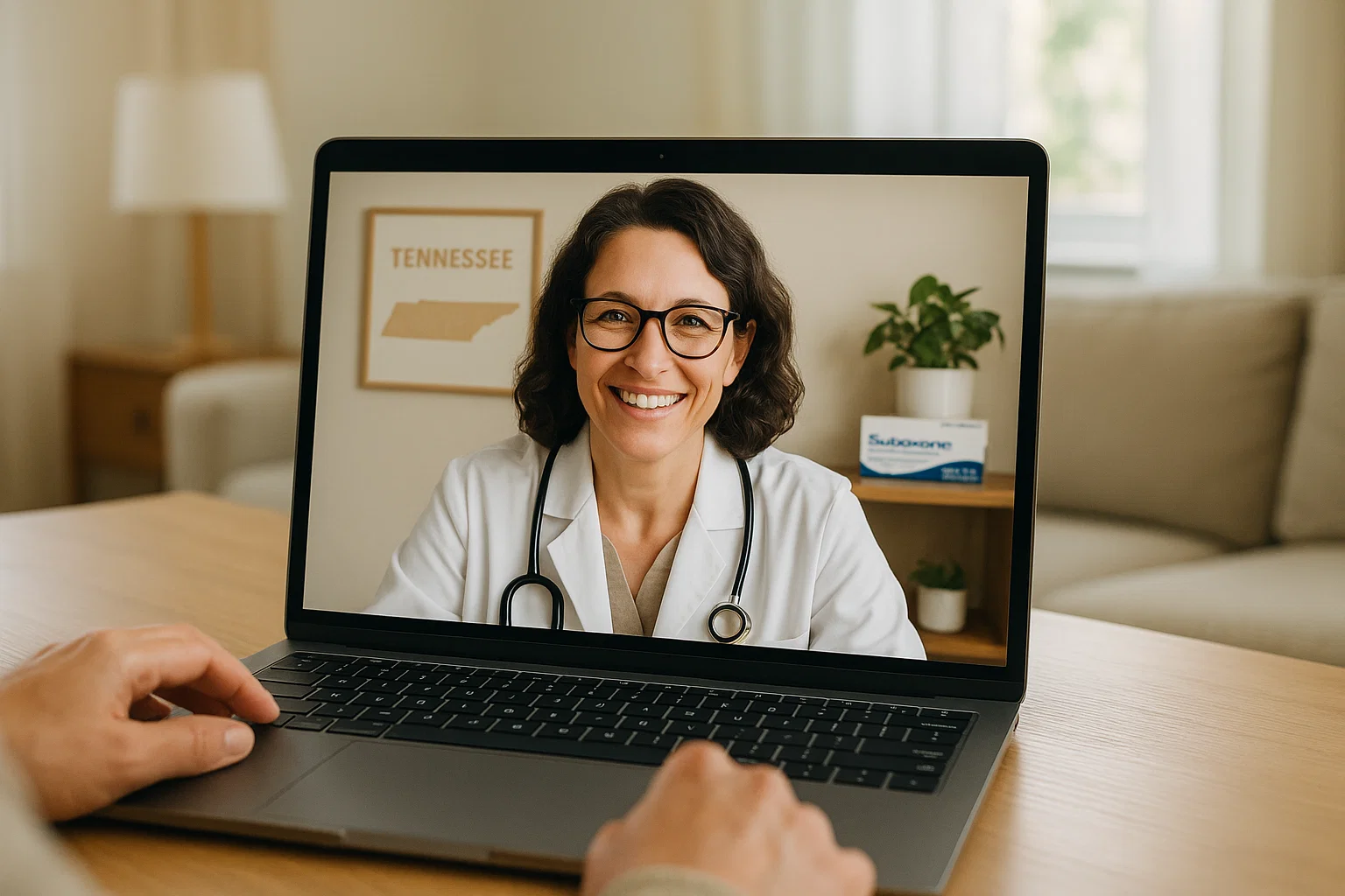 Person using telemedicine for addiction treatment in a private home setting