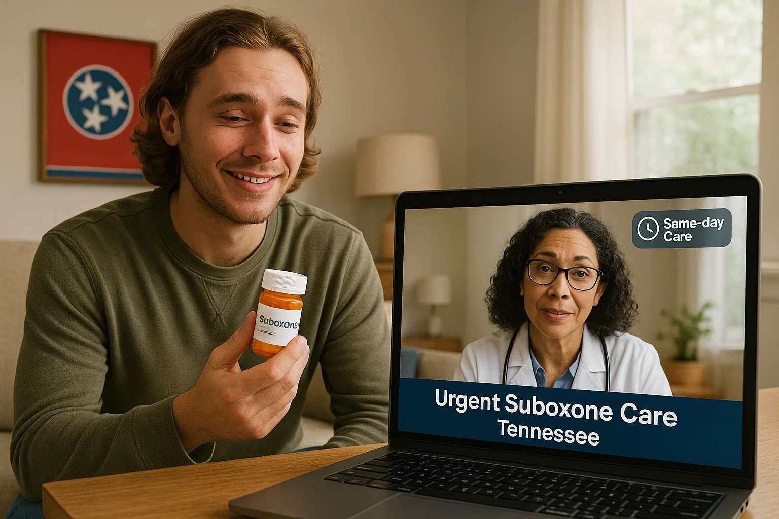 Telehealth doctor providing urgent Suboxone care via video call to a young adult in Tennessee holding a prescription bottle, with same-day treatment shown on screen.