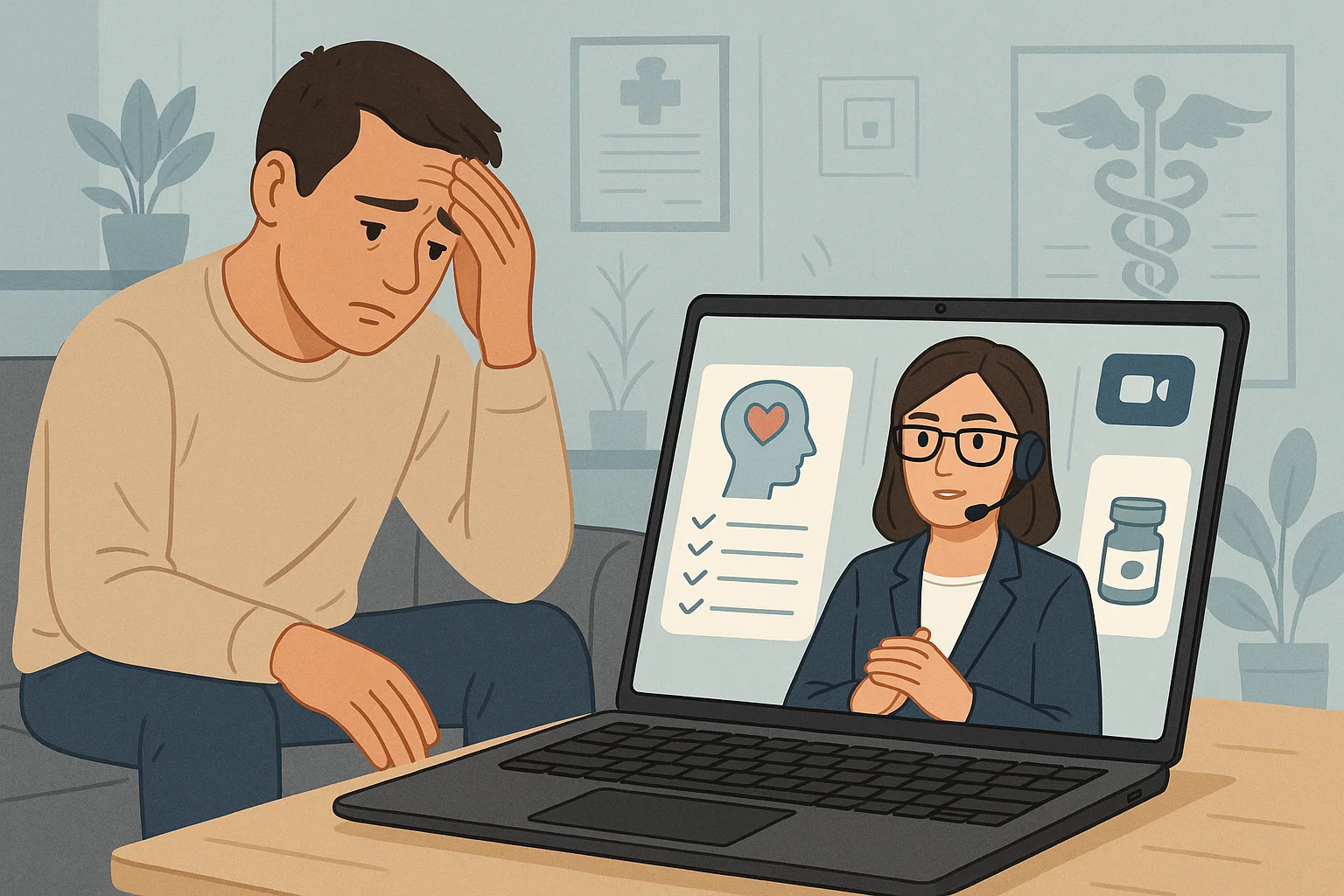 Therapist on a secure video call providing virtual addiction treatment to a patient at home with supportive therapy visuals and medication tracking tools on the laptop screen.
