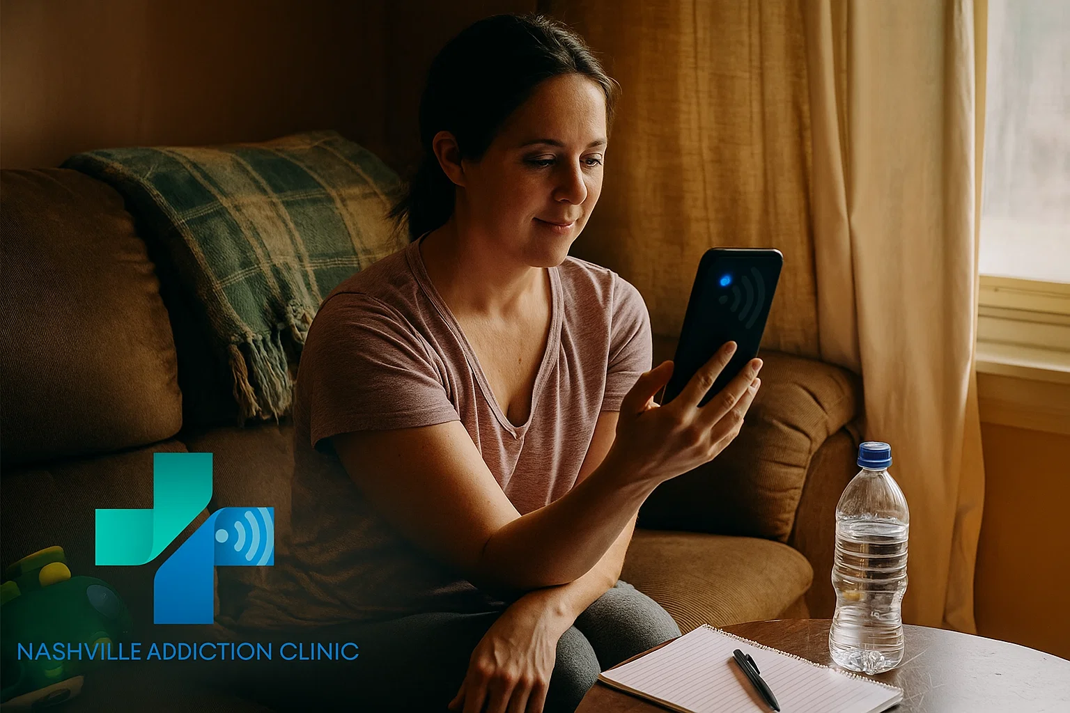 Woman on her bed using her cell phone for a Suboxone telemedicine appointment to treat addiction to pain pills and kratom.
