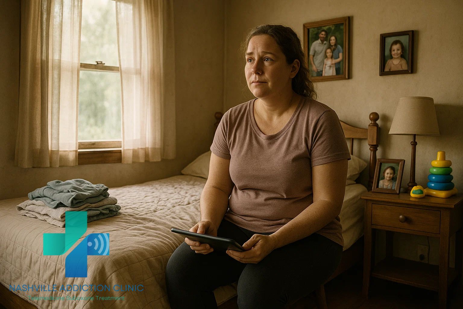 A woman sitting at home in her bedroom, undergoing online treatment with an addiction doctor Tennessee. She's concerned, but knows she's finally taken the only step that will help her overcome her pain pill addiction.