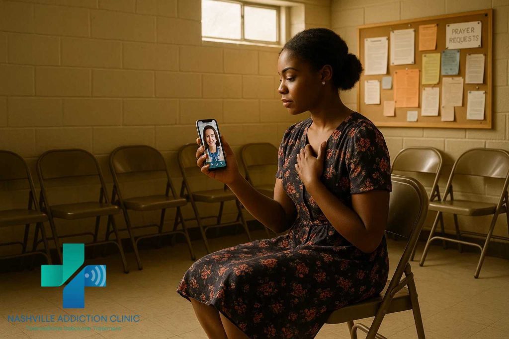 Young female teacher in her classroom after school using her cell phone for an addiction telehealth appointment in Tennessee.