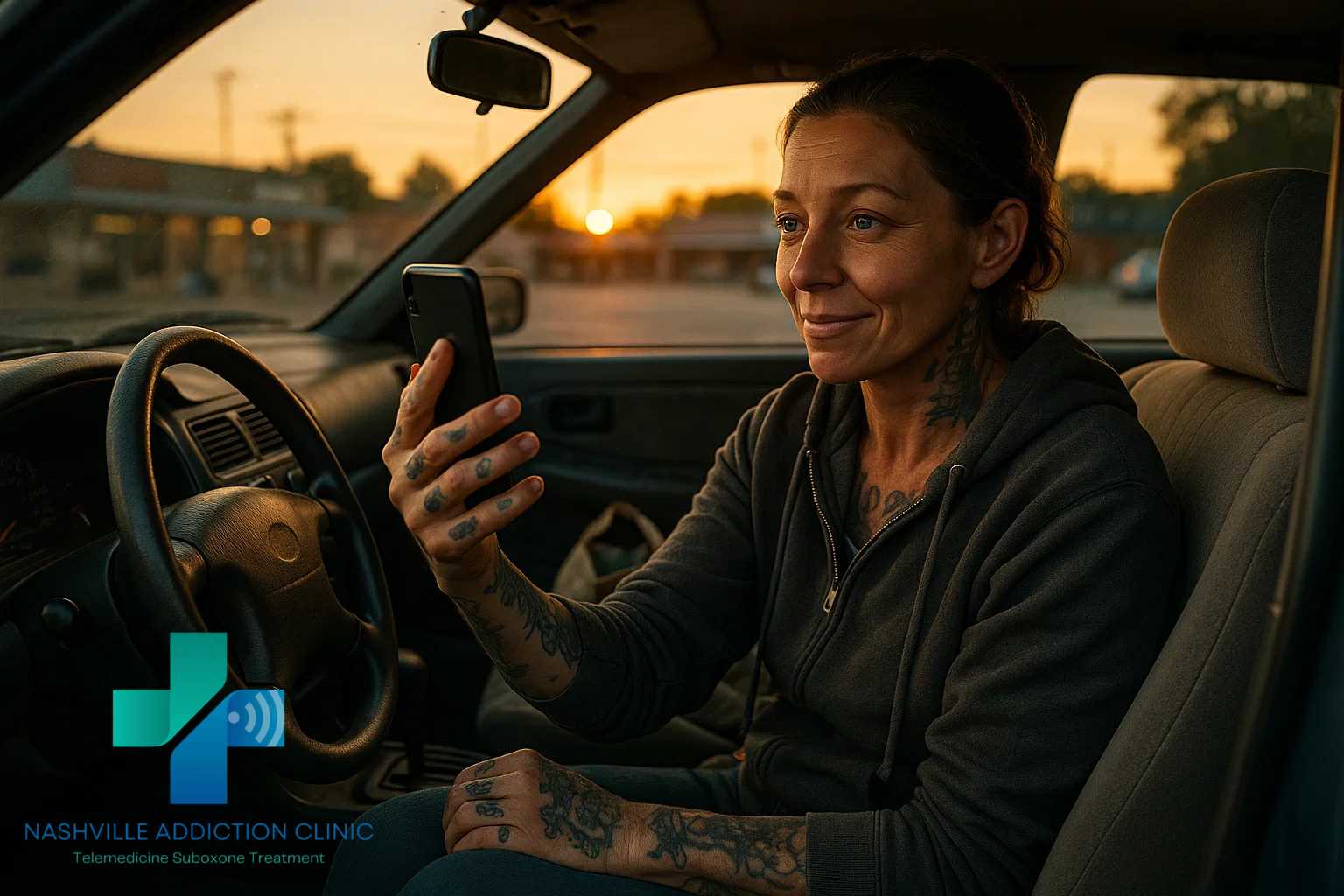 A woman enjoys confidential Suboxone treatment in Tennessee with proven results using her cell phone while parked in her car.
