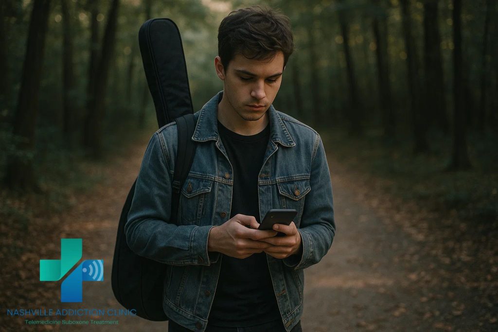 Man in Tennessee woods with guitar on his shoulder using phone for Suboxone online telemedicine treatment.