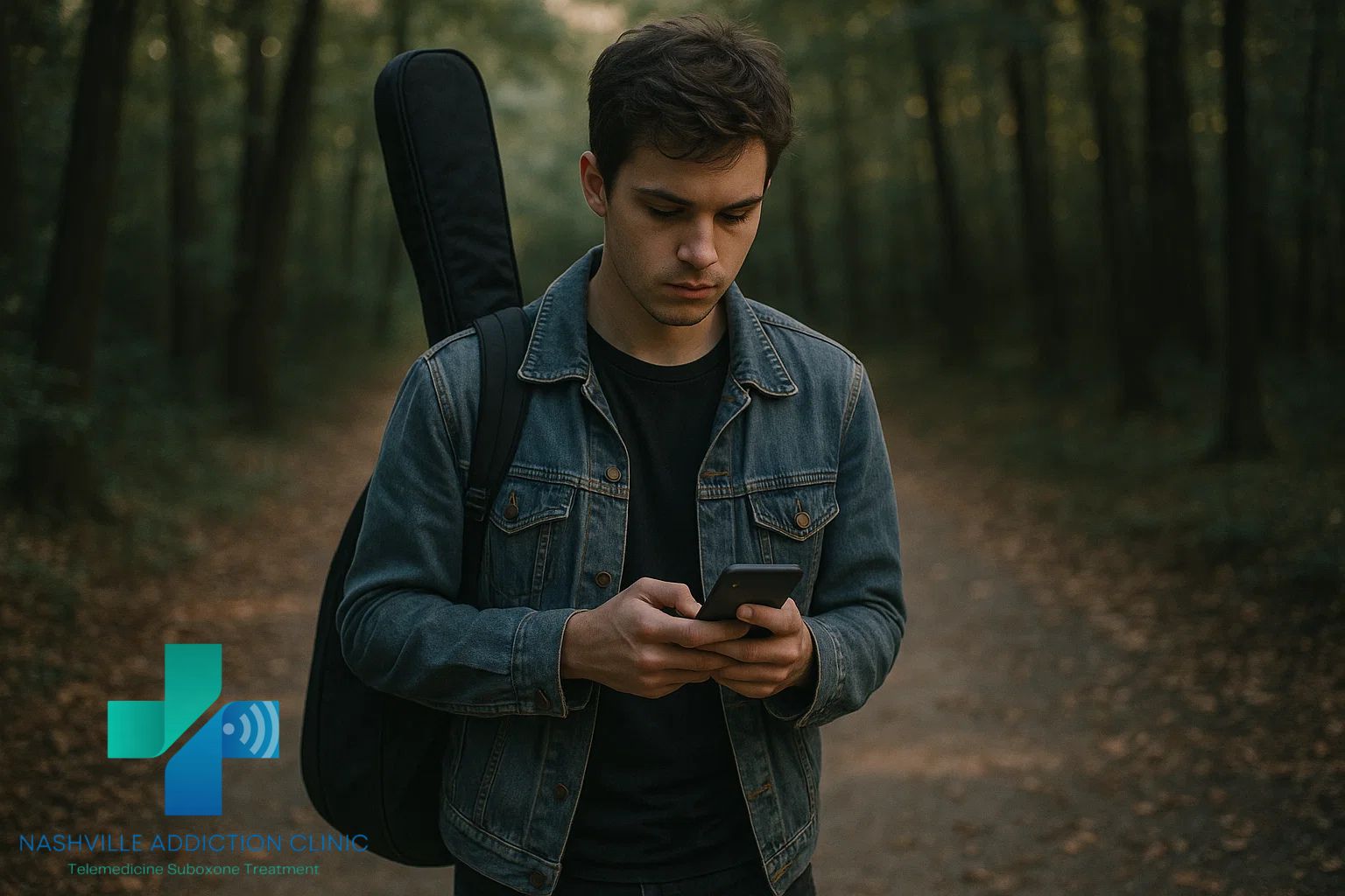 Man in Tennessee woods with guitar on his shoulder using phone for Suboxone online telemedicine treatment.