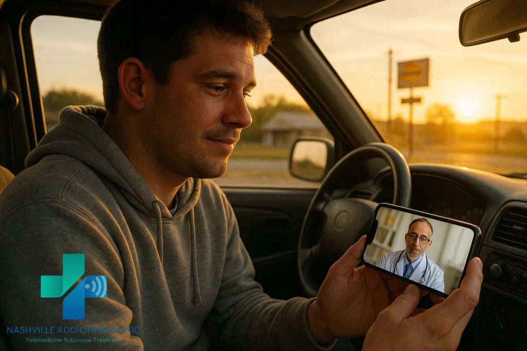 Young man parked in his truck using his cell phone to speak with an insurance Suboxone doctor in Tennessee.