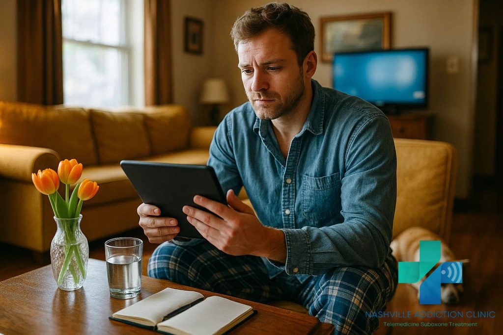 Young man in pajamas on a telehealth call for MAT treatment at home with his dog, yellow couch, notebook, and glass of water nearby.