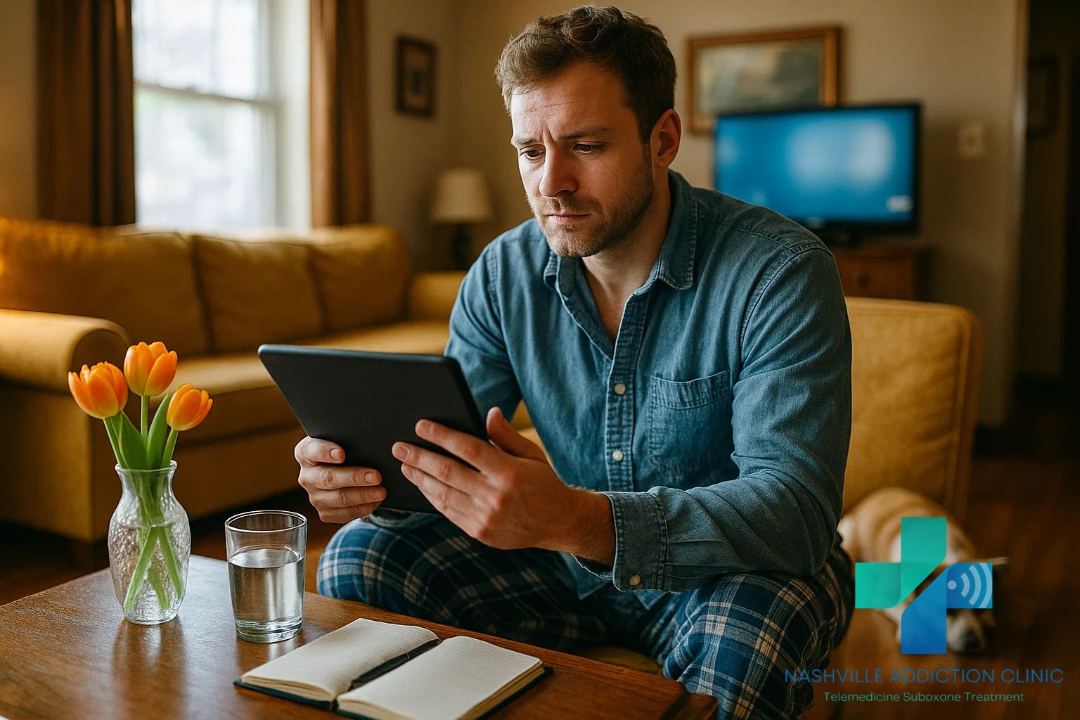 Young man in pajamas on a telehealth call for MAT treatment at home with his dog, yellow couch, notebook, and glass of water nearby.