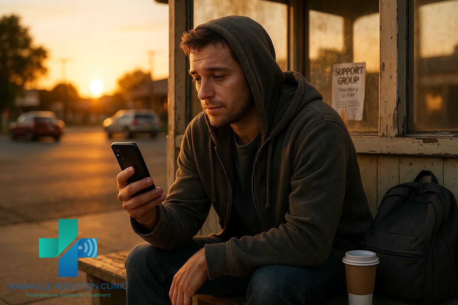 Man outside gas station using phone for online Suboxone telemedicine in Tennessee.