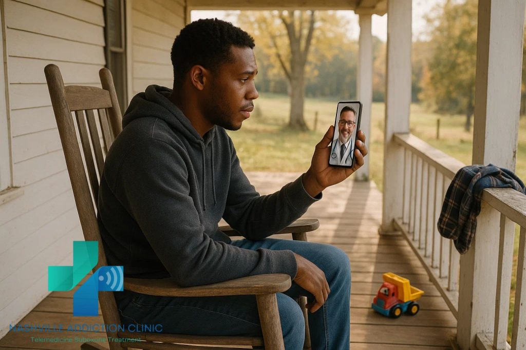 Man sitting on his porch in a rocking chair using his phone for a virtual Suboxone doctor appointment covered by insurance.