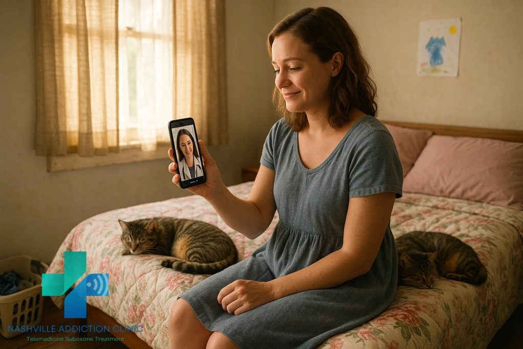 A woman sits on her bed and uses her cell phone for Opioid Treatment Tennessee