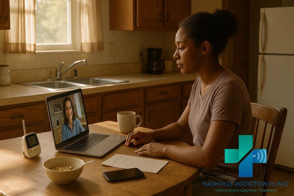 Woman sitting at her kitchen table using her laptop for telemedicine Suboxone treatment, having her recovery delivered at home in rural Tennessee.