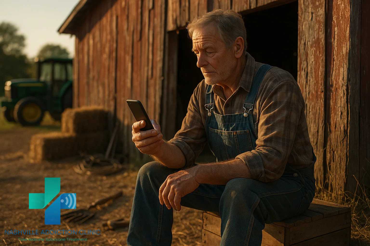Older Tennessee farmer in overalls outside a barn on a telehealth call, symbolizing same day Suboxone virtual treatment in Tennessee.