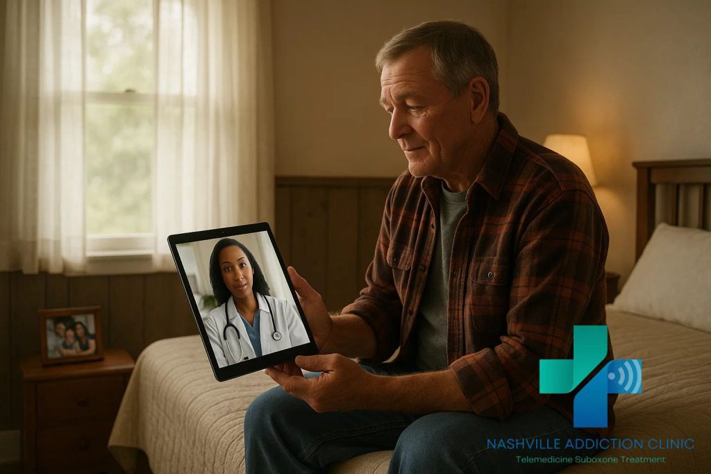 Man using a tablet for same-day Suboxone treatment through a virtual appointment in Tennessee.